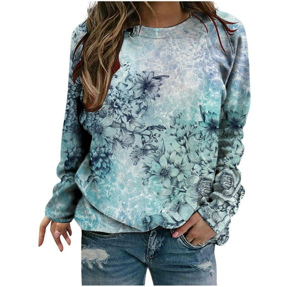 WXLWZYWL Trendy Sweatshirts For Women 2023 Women Classic And Winter Floral Print Crewneck Long Sleeve Loose Sweatshirt Tops