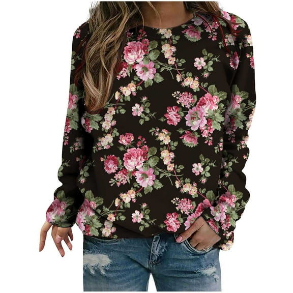 WXLWZYWL Trendy Sweatshirts For Women 2023 Women Classic And Winter Floral Print Crewneck Long Sleeve Loose Sweatshirt Tops