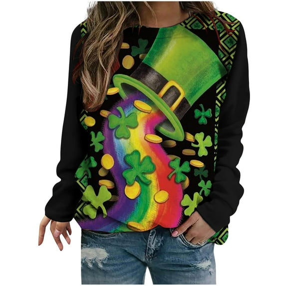 WXLWZYWL Trendy Sweatshirts For Women 2023 Women Classic St. Patrick Print Crewneck Long Sleeve Loose Sweatshirt Tops