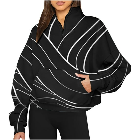 WXLWZYWL Trendy Sweatshirts For Women 2023 Women'S Printed Long-Sleeved Half-Zip Hoodless Stand-Up Collar Hoodie