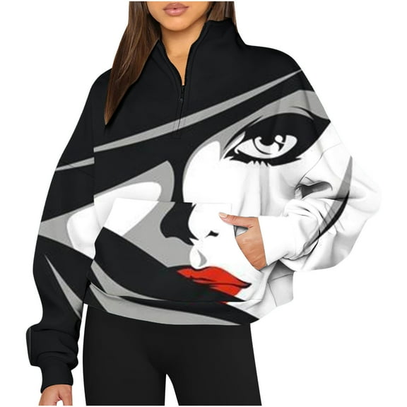 WXLWZYWL Trendy Sweatshirts For Women 2023 Women'S Printed Long-Sleeved Half-Zip Hoodless Stand-Up Collar Hoodie