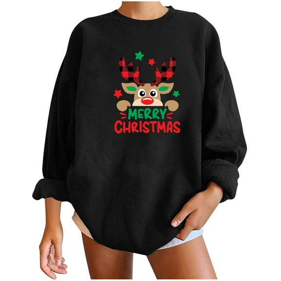 WXLWZYWL Trendy Sweatshirts For Women 2023 Womens Christmas Round-Neck Print Long Sleeve Tops Printed Regular Blouse