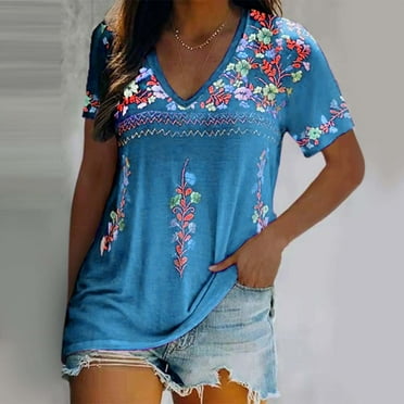 WXLWZYWL Tunic Top for Women Plus Size Clearance Embroidered Floral Print Boho Mexican Peasant Blouse Mexico Summer Shirt Short Sleeve V Neck Basic Tees