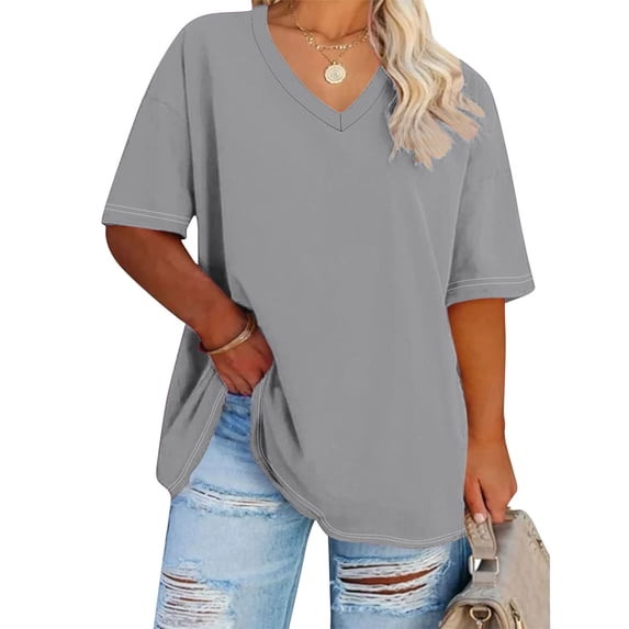 WXLWZYWL Tunic Top for Women Plus Size Clearance Oversized V Neck Half Sleeve Drop Shoulder T-shirt Casual Summer Solid Color Loose Tops