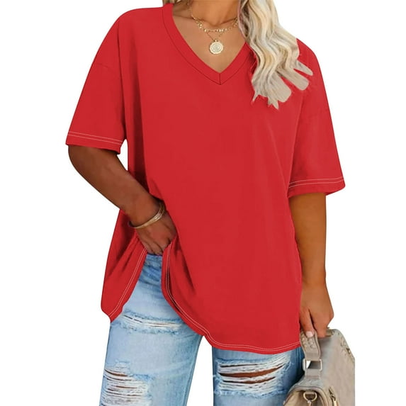 WXLWZYWL Tunic Top for Women Plus Size Oversized V Neck Half Sleeve Drop Shoulder T-shirt Casual Summer Solid Color Loose Tops