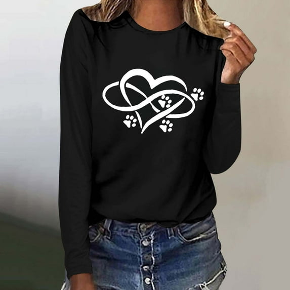 WXLWZYWL Tunic Tops for Women Loose Dressy Fit Long Sleeve Round Neck Dog Lover Graphic Cute Colorful Dog Paw Print T-Shirts Blouses Fall Tee Shirts Top