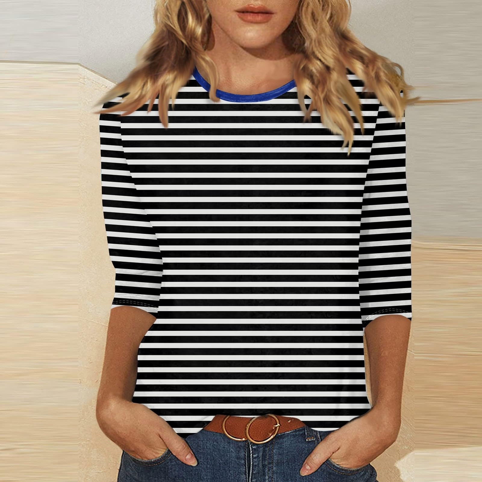 Yeshire Women's 3/4 Sleeve Striped Maxi Dress - Loose Fit Ruffle Hem, Size Medium Black