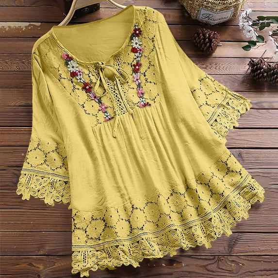 WXLWZYWL Tunic Tops for Women Plus Size 3/4 Sleeve V Neck Pleated floral Embroidered Tie Gypsy Medieval Casual Boho Top Vintage Blouses