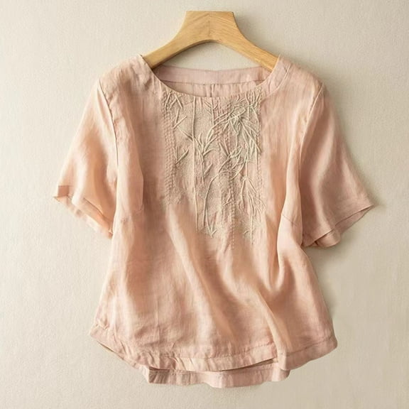 WXLWZYWL Tunic Tops for Women Plus Size 3/4 Sleeve Round Neck Cotton Linen Fall Embroidery Blouses Summer Casual Loose Shirts