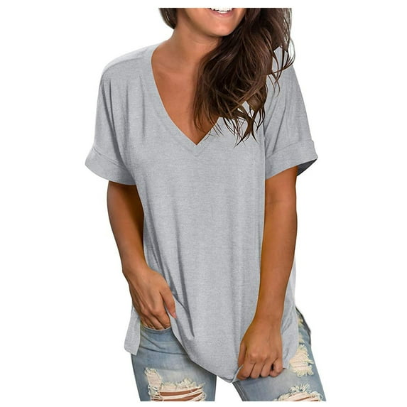 WXLWZYWL Tunic Tops for Women Plus Size T Shirts Short Sleeve V Neck Loose Casual Summer Tees Basic Loose Solid Color Oversize