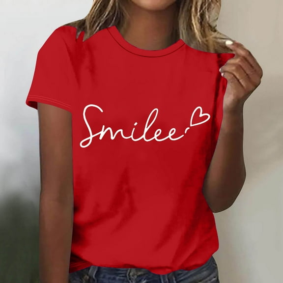 WXLWZYWL Tunic Tops for Womens Plus Size Short Sleeve Round Neck Graphic Letter Printing Solid Color Tees Tops Casual Summer Loose T Shirt