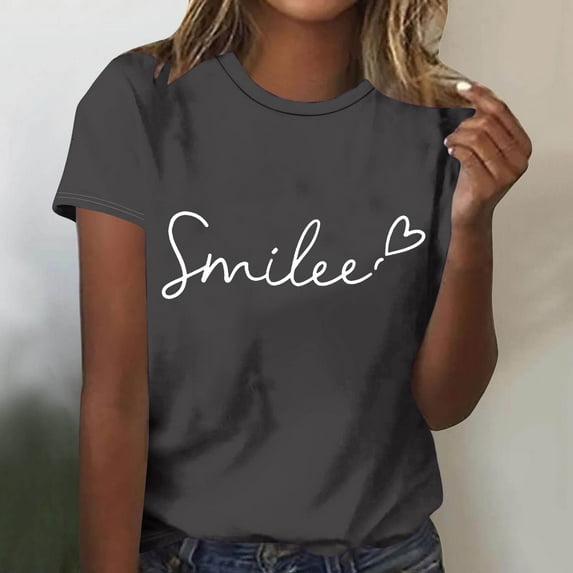 WXLWZYWL Tunic Tops for Womens Plus Size Short Sleeve Round Neck Graphic Letter Printing Solid Color Tees Tops Casual Summer Loose T Shirt