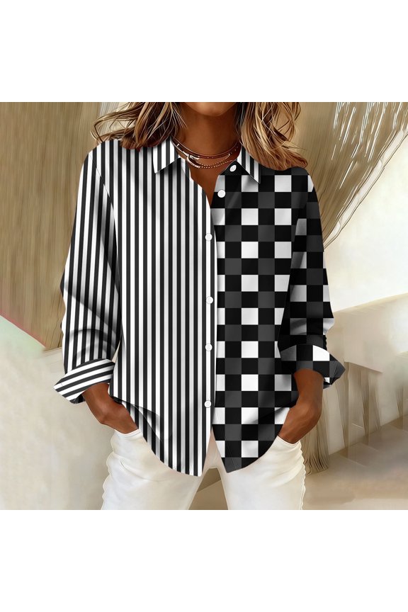 Turn-down Collar Shirts for Women Causal Blouse Long Sleeve Summer Striped and Checked Printed Shirt with Button