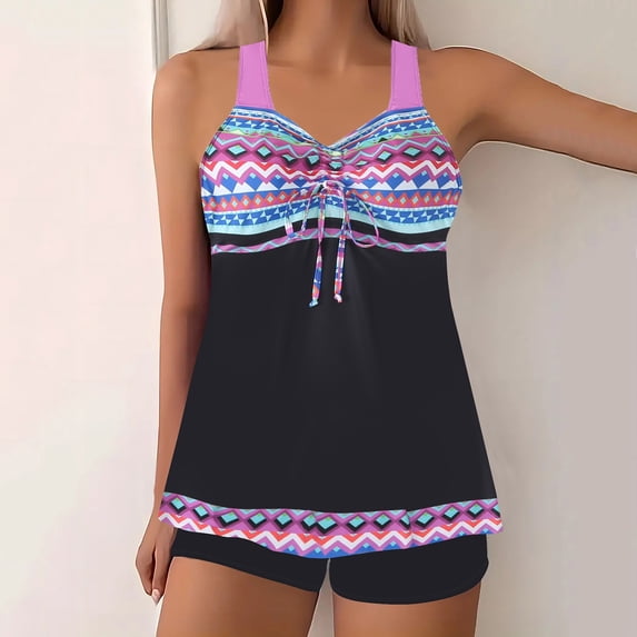 WXLWZYWL Two Piece Women's Tankini Swimsuits Blouson Swim Tank Top with Shorts Modest Bathing Suits