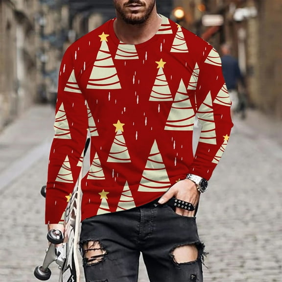 WXLWZYWL Ugly Mens T Shirts Funny Long Sleeve Christmas Tree Sweatshirt for Men Casual Xmas Holiday Sweatshirts Tops