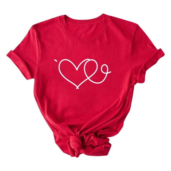 WXLWZYWL Valentine's Days Tops for Women Heart Print T Shirts Roll up Short Sleeve Shirts Crewneck Loose Fitted Summer Tees