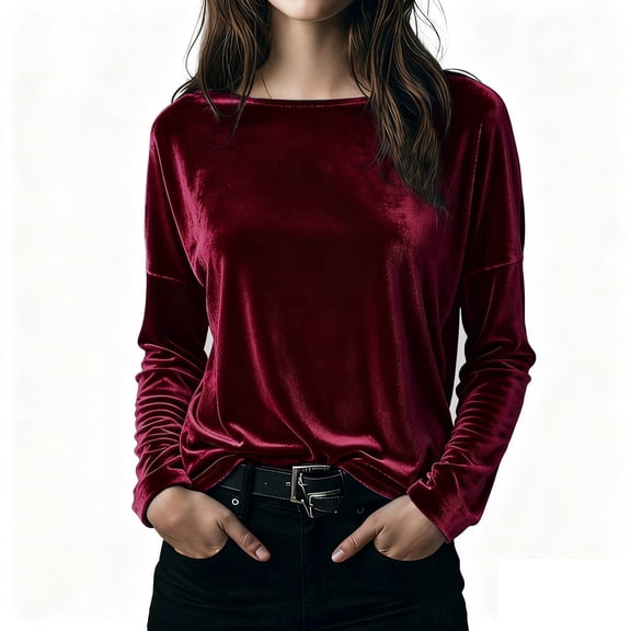 WXLWZYWL Velour Tops for Women Dressy Casual Crewneck Shirts Loose Fitted Vintage Long Sleeve Blouse Solid Holiday Party Outfits
