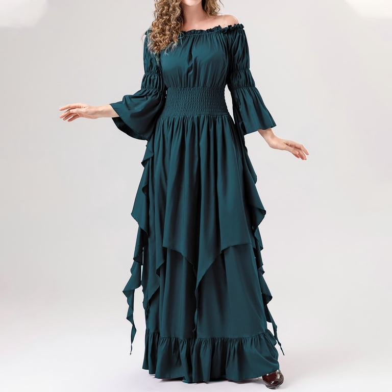 WXLWZYWL Victorian Dress Renaissance Costume Women Gothic Witch Dress  Medieval Wedding Dress Off Shoulder Flowy Dress - Walmart.com