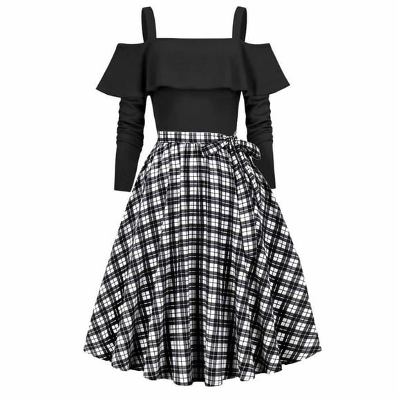 WXLWZYWL Vintage Gothic Plaid Dress for Women Cold Shoulder Long Sleeve High Waist Lace-Up A Line Asymmetrical Hem Dress