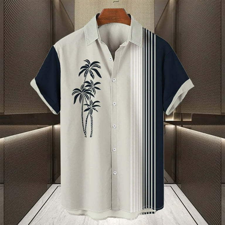 Wxlwzywl Vintage Shirts for Men Plus Size Clearance Short Sleeve Button Down Striped Printed Casual Bowling Shirts 50s Rockabilly Style Regular Fit