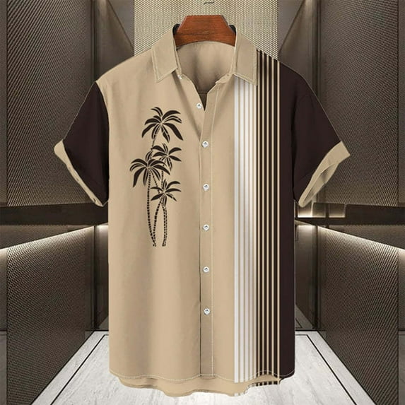 WXLWZYWL Vintage Shirts for Men Plus Size Short Sleeve Button Down Striped Printed Casual Bowling Shirts 50s Rockabilly Style Regular Fit Hawaiian Shirts Khaki S