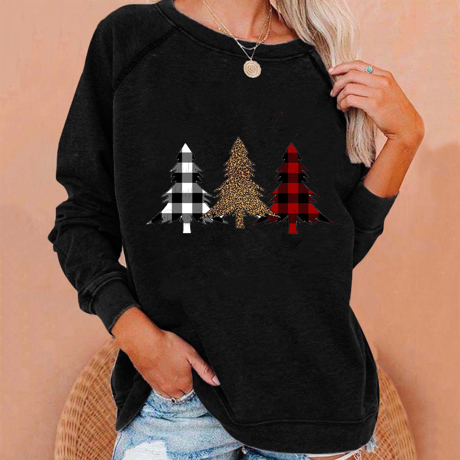 WXLWZYWL Winter 2023 Plus Size Women's LongSleeved Printed Christmas Hoodie CrewNeck Pullover