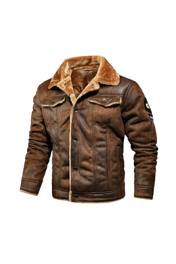 Winter Coat For Men,Bomber Faux Leather Jacket For Men Vintage Turn-Down Collar Sherpa Lining Coat Sport Jackets