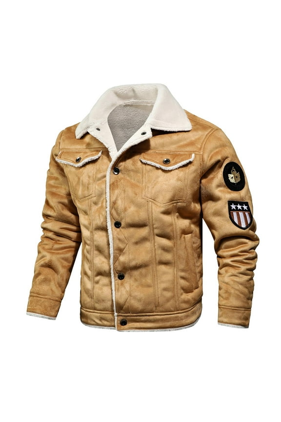 Winter Coat For Men,Bomber Faux Leather Jacket For Men Vintage Turn-Down Collar Sherpa Lining Coat Sport Jackets