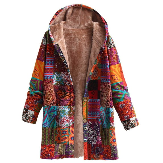 WXLWZYWL Winter Coats for Women Plus Size Women'S Cotton and Linen Printing Hoodies for Women Fall Winter Fleece Jacket Casual Hooded Sweatshirts Thick Lined