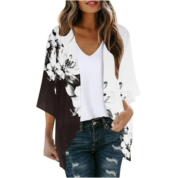 WXLWZYWL Winter Coats for Women Women'S 3/4 Sleeve Printing Casual Tops Blouse Cardigan Black