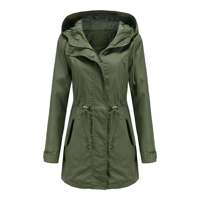 WXLWZYWL Winter Coats for Women Clearance Sale Women S Solid Rain Jacket Outdoor Jackets Hooded Raincoat Windproof Army Green