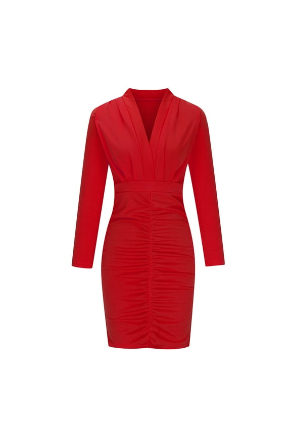 Winter Dresses for Women Women'S V-Neck Bubble Sleeve Long Sleeve Hip Wrap Dress Red