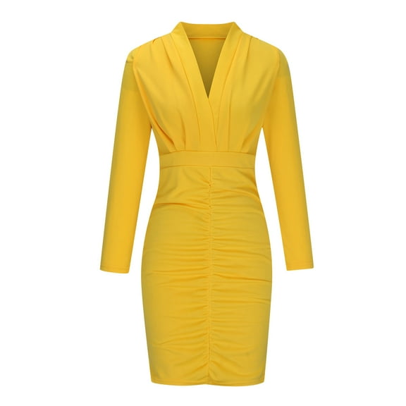 WXLWZYWL Winter Dresses for Women Women'S V-Neck Bubble Sleeve Long Sleeve Hip Wrap Dress Yellow
