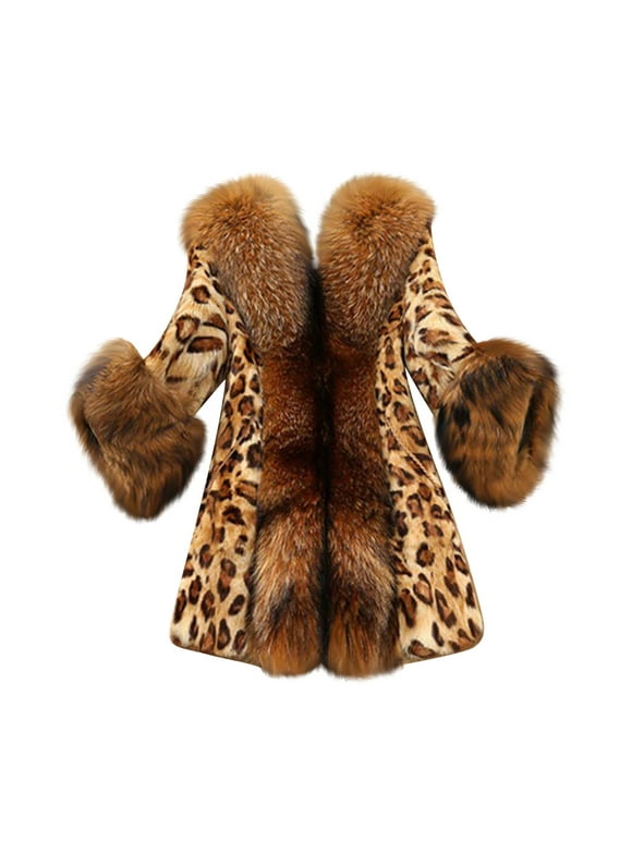 Winter Women'S Faux Furs Collar Classic Leopard Medium Long Winter Coat Jacket