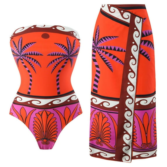 WXLWZYWL Women 1 Piece Swimwear+1 Piece Cover Up Two Piece Vintage Print Swimsuit Monokini High Waist