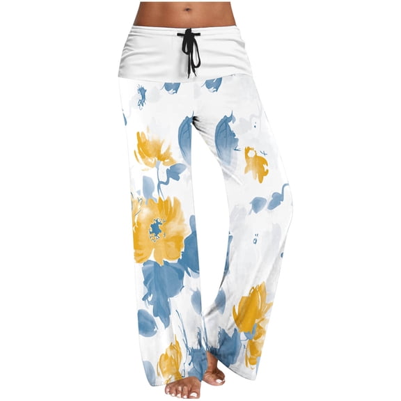 WXLWZYWL Women 2024 Pants Loose Fit High Cut Straight Leg Curve Printed Trousers Lightweight Wide Leg Yoga Pants Drawstring Palazzo
