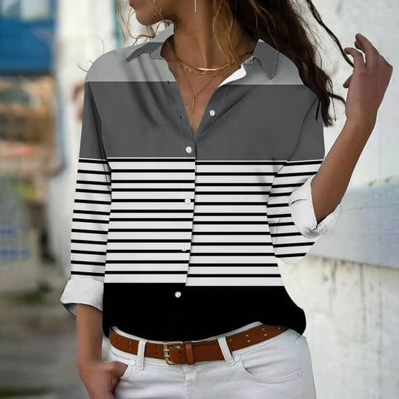 WXLWZYWL Women Blouses Oversized Striped Shirt Long Sleeve V Neck Button Down Work Top Wrinkle Free Collared Work Office Solid Blouses Corset Tops