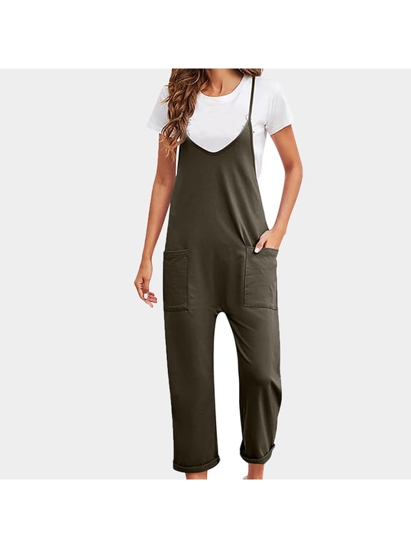 Women Casual Jumpsuits Hot Shot Onesie dupes Spaghetti Strap Loose Romper Overalls Pocket Summer Harem Sleeveless Jumpsuits Long Pants with Pockets