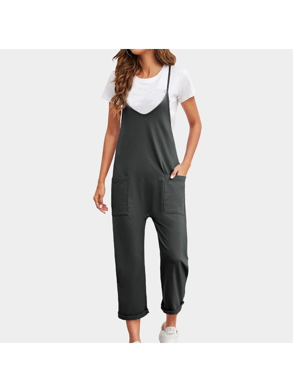 Women Casual Jumpsuits Hot Shot Onesie dupes Spaghetti Strap Loose Romper Overalls Pocket Summer Harem Sleeveless Jumpsuits Long Pants with Pockets