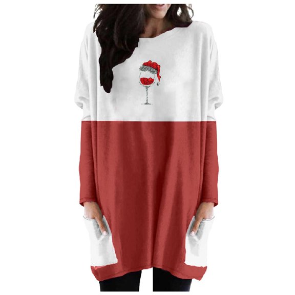 WXLWZYWL Women Christmas Dress Shirt Long Sleeve Tops Santa Printed Pullover Loose Plus Size T-Shirt Blouse Dress with Pockets
