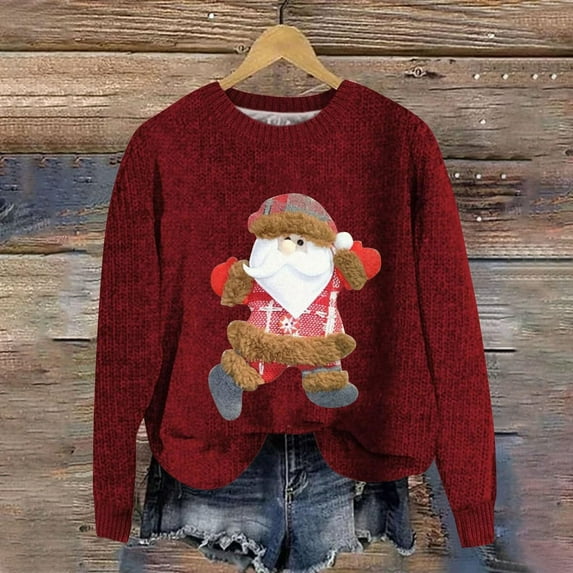 WXLWZYWL Women Christmas Sweaters Novelty Santa Snowman Gnomes Ribbed knit sweatshirt Winter Cute Crewneck Xmas Pullover Tops