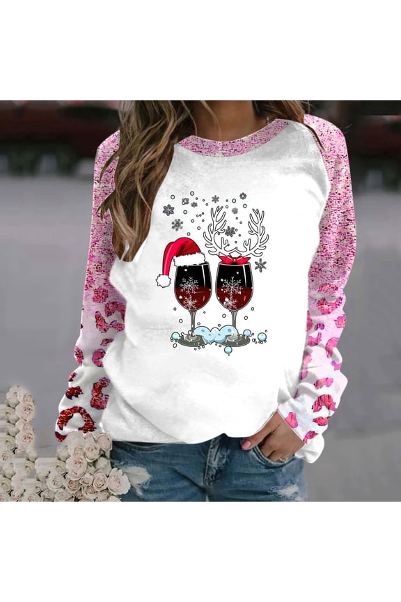 Women Christmas Sweatshirts Cute Reindeer Xmas Tree Print Pullover Long Sleeve Tops Funny Novelty Crewneck Sweatshirts