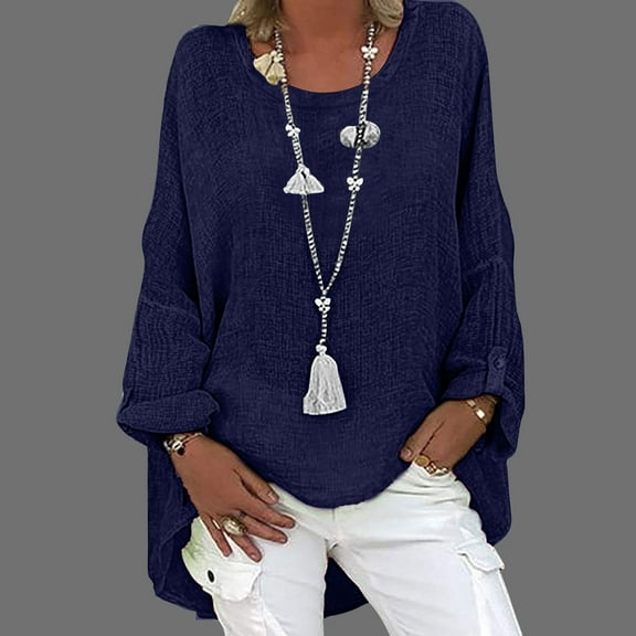 WXLWZYWL Women Dressy Casual Long Sleeve Shirts Fall Tuninc Tops Cotton/Linen Embroidery Jacquard Blouse Round Neck Flowy Peplum Loose Fit T-Shirt