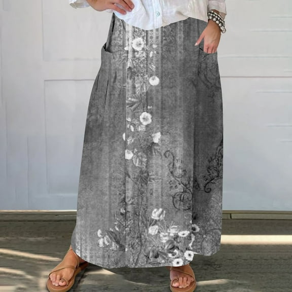 WXLWZYWL Women Flowy Maxi Skirt Floral Print Fall Casual Boho High Elatic Waist Loose Long Skirt with Pockets