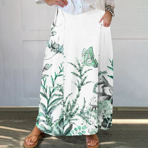 WXLWZYWL Women Flowy Maxi Skirt Floral Print Fall Casual Boho High Elatic Waist Loose Long Skirt with Pockets