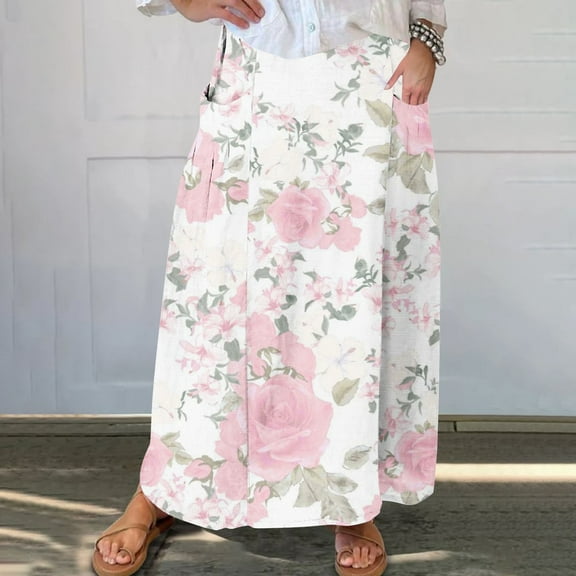 WXLWZYWL Women Flowy Maxi Skirt Floral Print Fall Casual Boho High Elatic Waist Loose Long Skirt with Pockets
