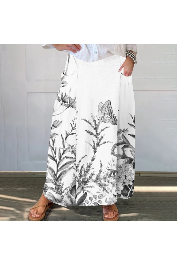 Women Flowy Maxi Skirt Floral Print Fall Casual Boho High Elatic Waist Loose Long Skirt with Pockets