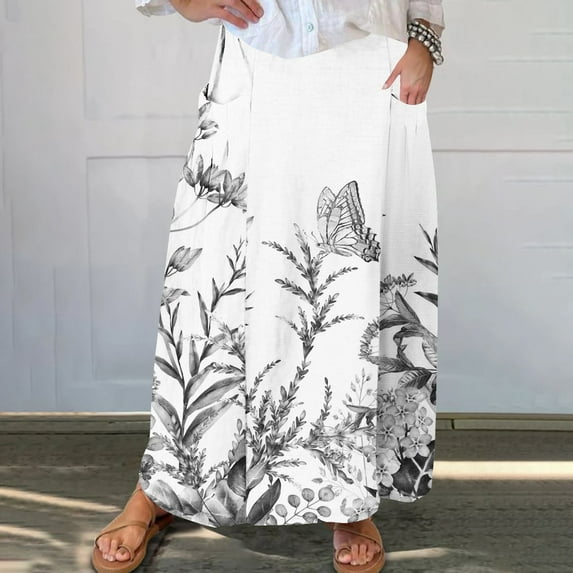 WXLWZYWL Women Flowy Maxi Skirt Floral Print Fall Casual Boho High Elatic Waist Loose Long Skirt with Pockets