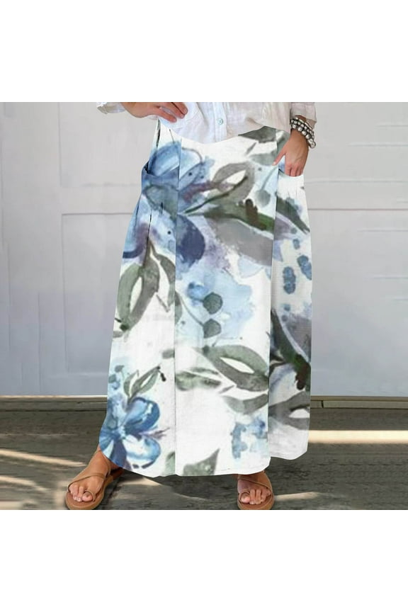 Women Flowy Maxi Skirt Floral Print Fall Casual Boho High Elatic Waist Loose Long Skirt with Pockets