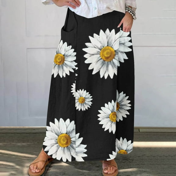 WXLWZYWL Women Flowy Maxi Skirt Floral Print Fall Casual Boho High Elatic Waist Loose Long Skirt with Pockets